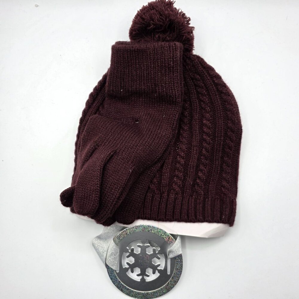 NY&C Womens One Size Burgundy Pom Pom Beanie & Gloves Winter Set Casual Warm